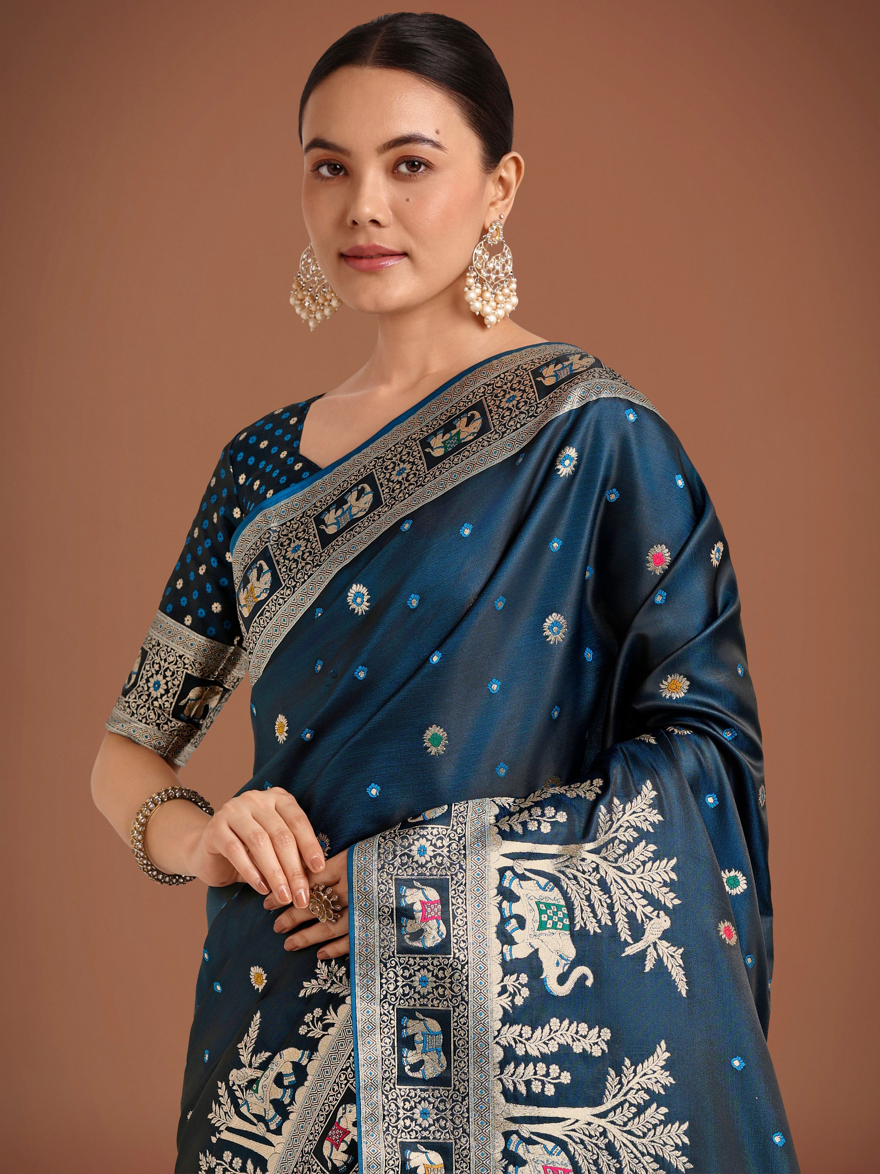 Monjolika Fashion Gorgeous Dark Teal Woven Banarasi Designer Satin Silk Saree