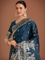 Thumbnail for Monjolika Fashion Gorgeous Dark Teal Woven Banarasi Designer Satin Silk Saree