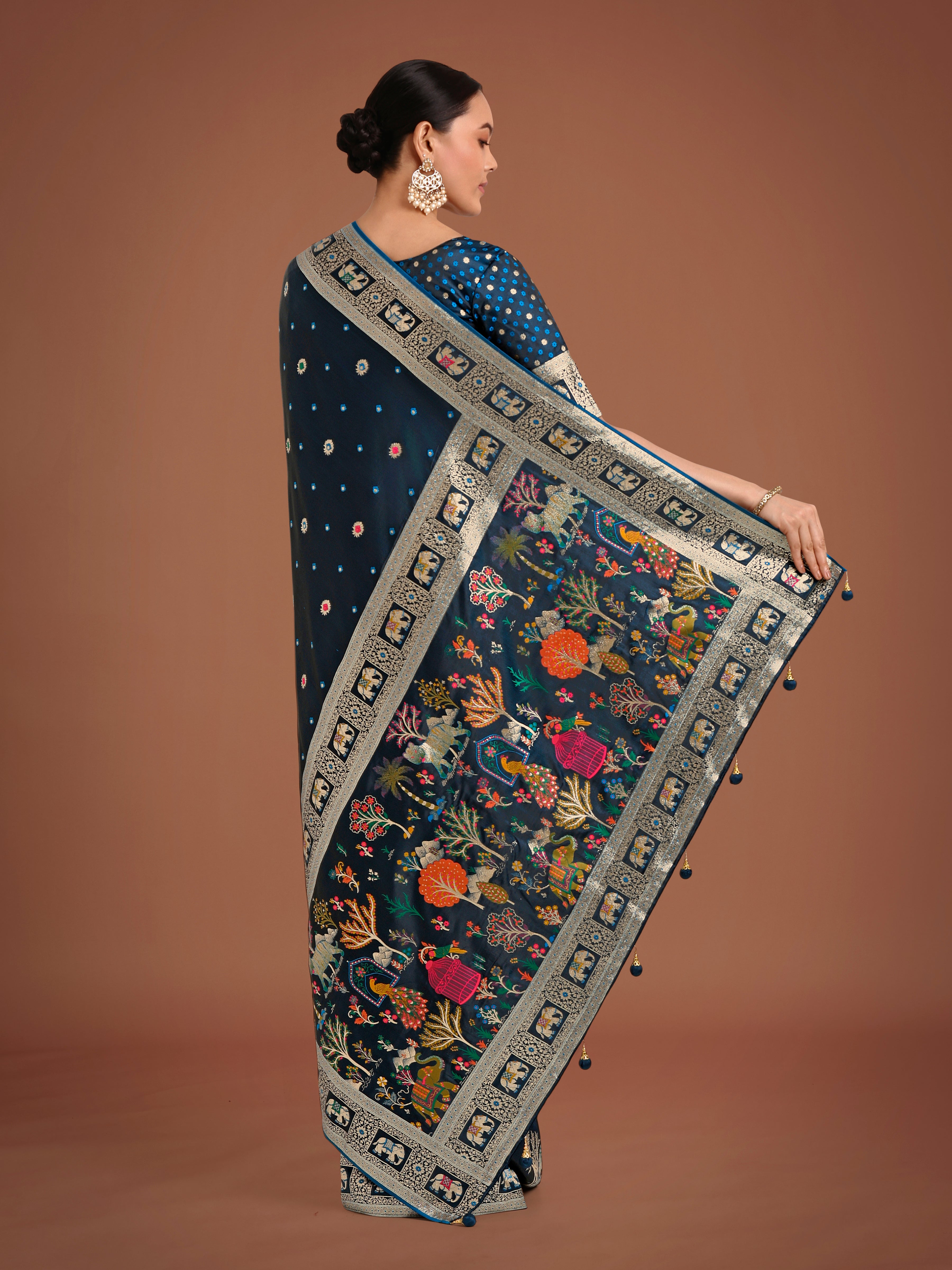 Monjolika Fashion Gorgeous Dark Teal Woven Banarasi Designer Satin Silk Saree