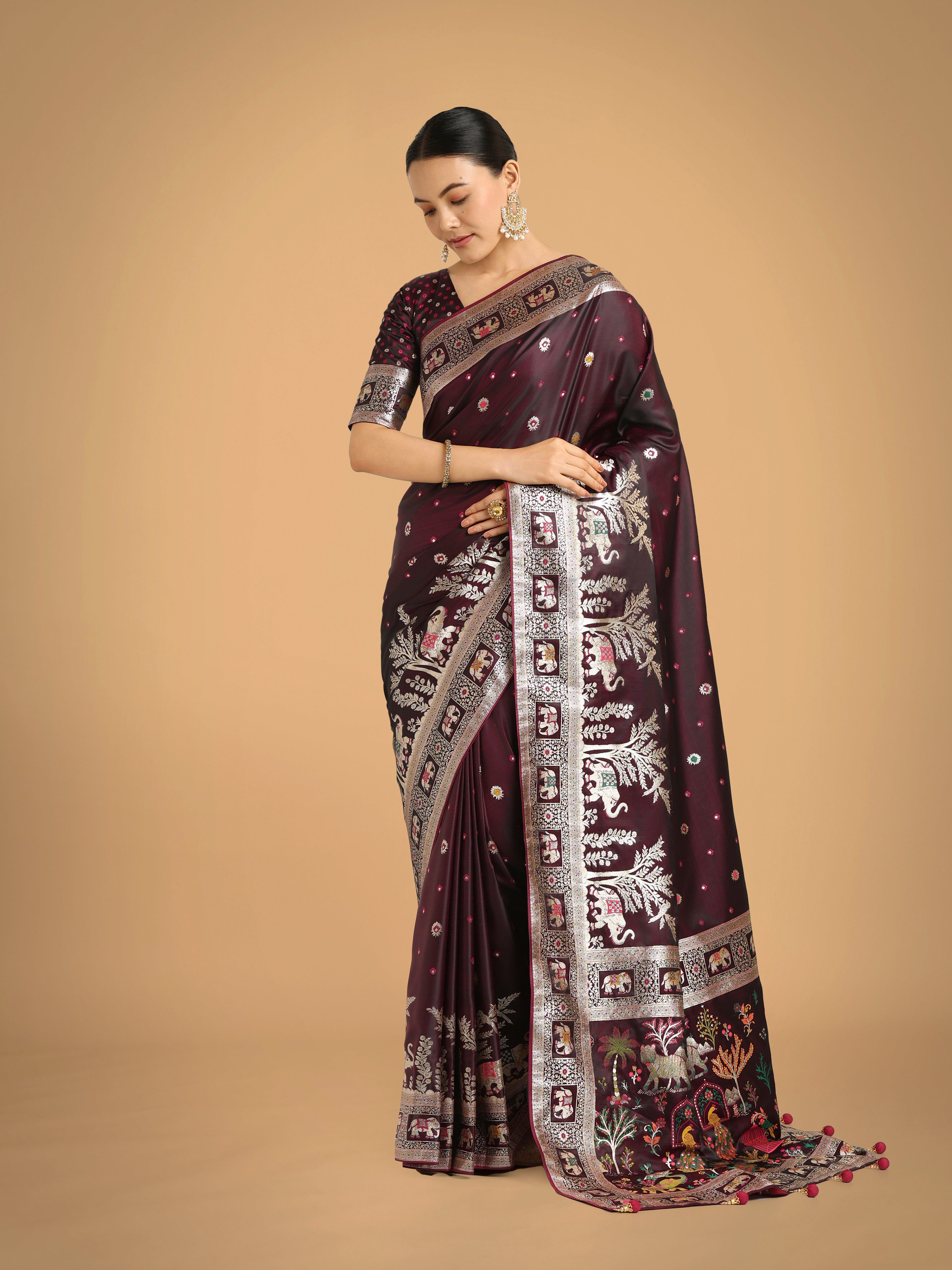 Monjolika Fashion Gorgeous Wine Woven Banarasi Designer Satin Silk Saree