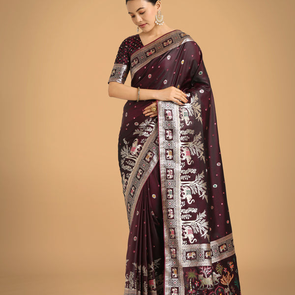 Monjolika Fashion Gorgeous Wine Woven Banarasi Designer Satin Silk Saree - Distacart