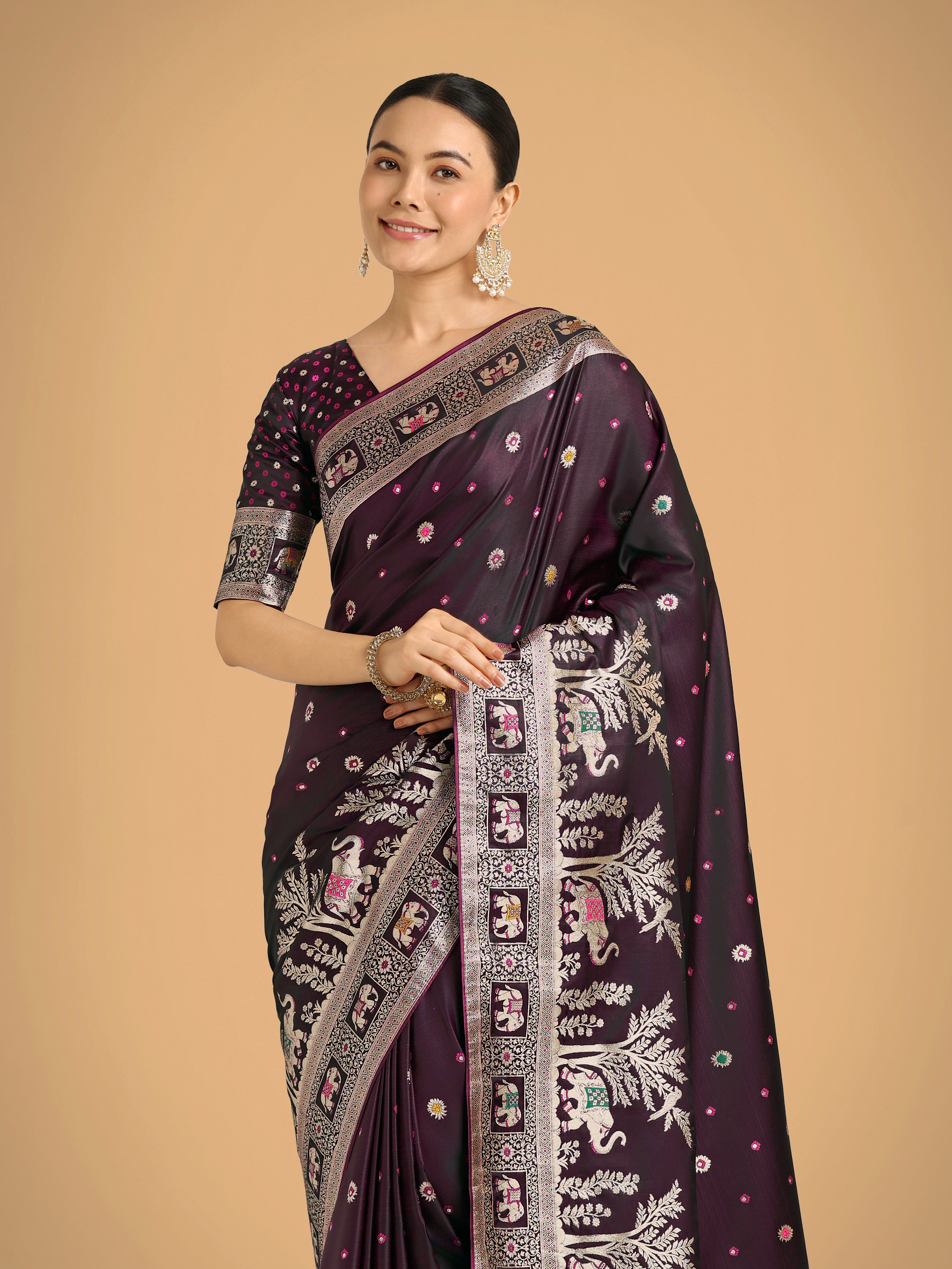 Monjolika Fashion Gorgeous Wine Woven Banarasi Designer Satin Silk Saree