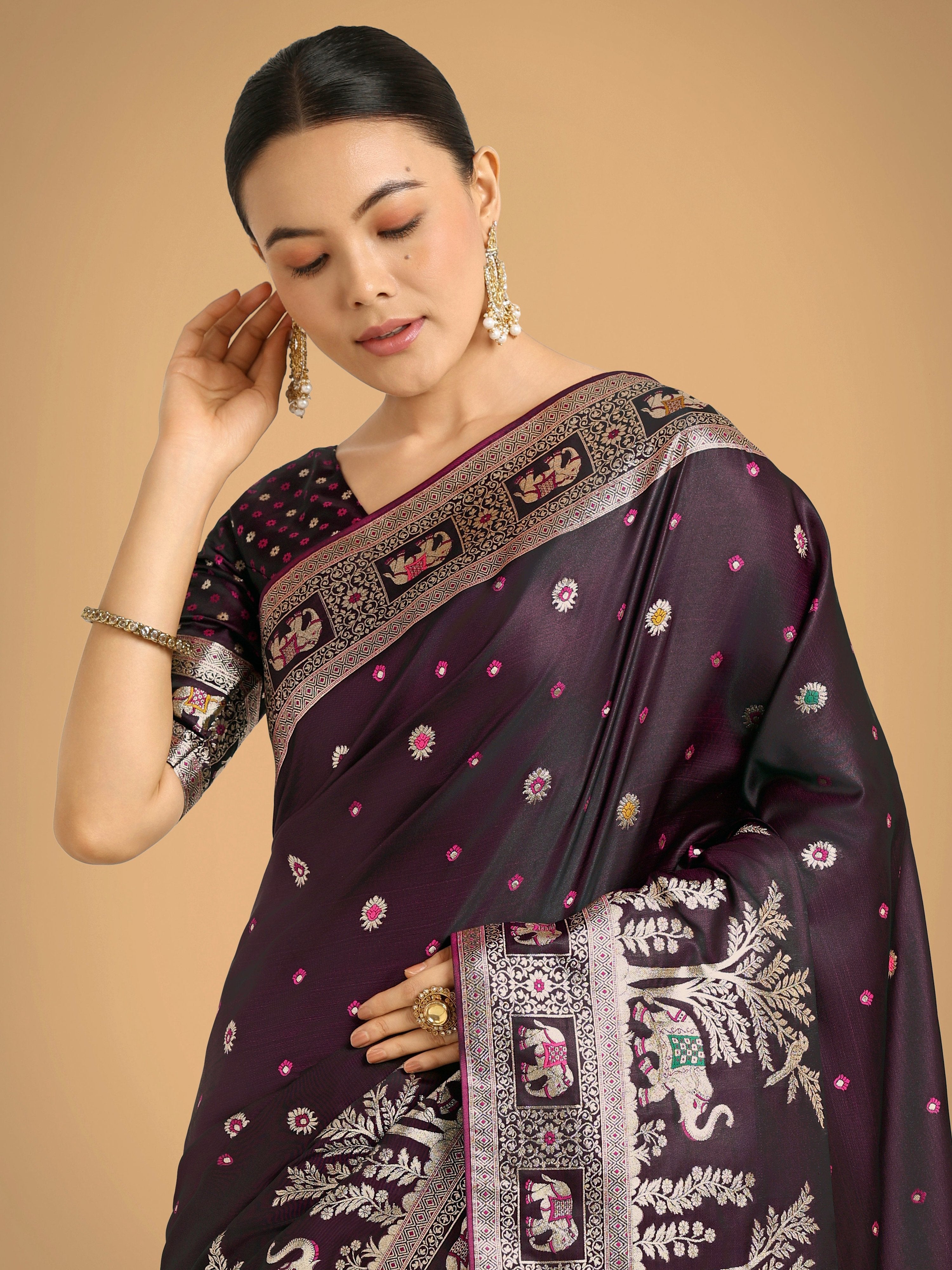 Monjolika Fashion Gorgeous Wine Woven Banarasi Designer Satin Silk Saree