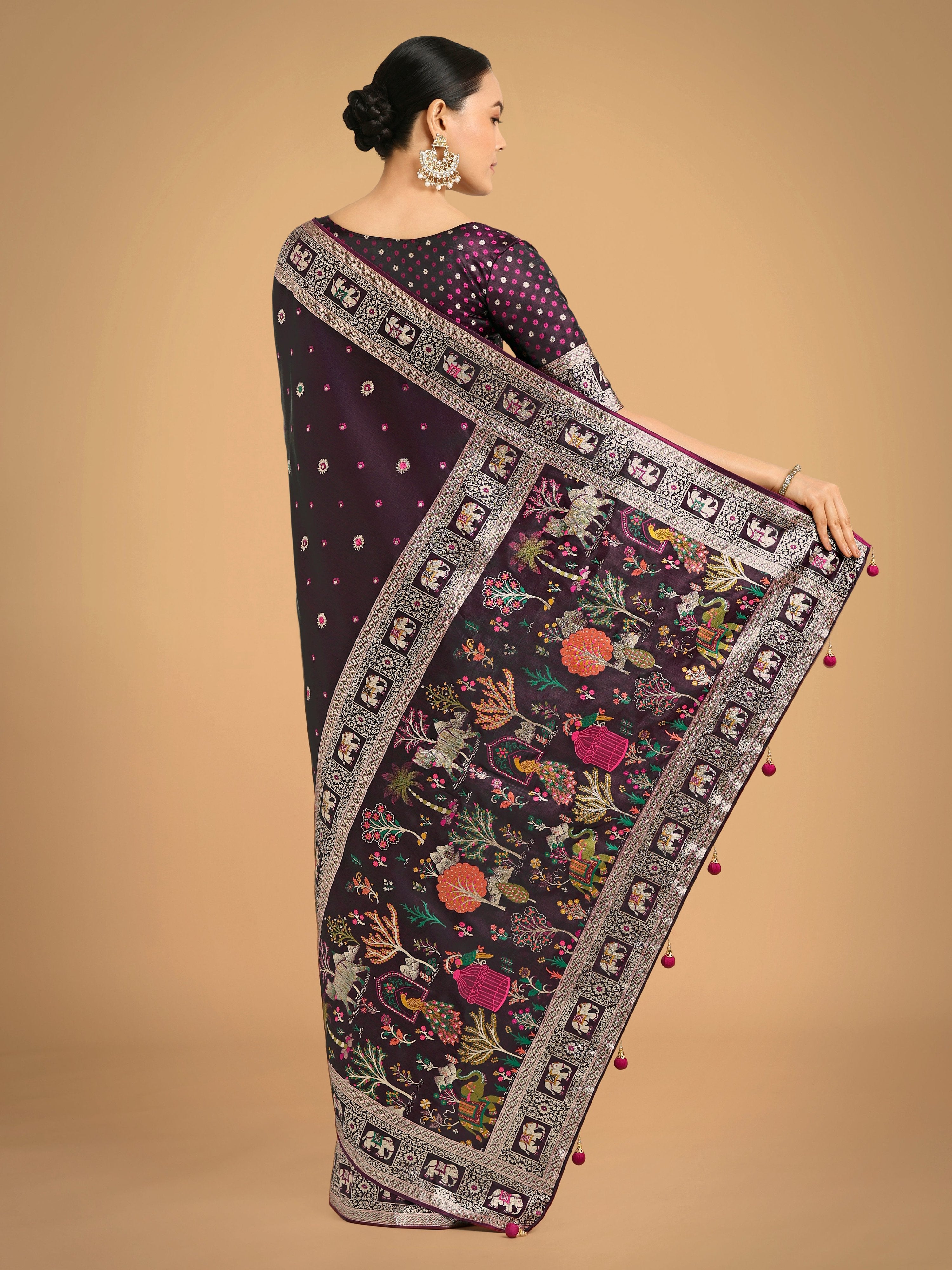Monjolika Fashion Gorgeous Wine Woven Banarasi Designer Satin Silk Saree