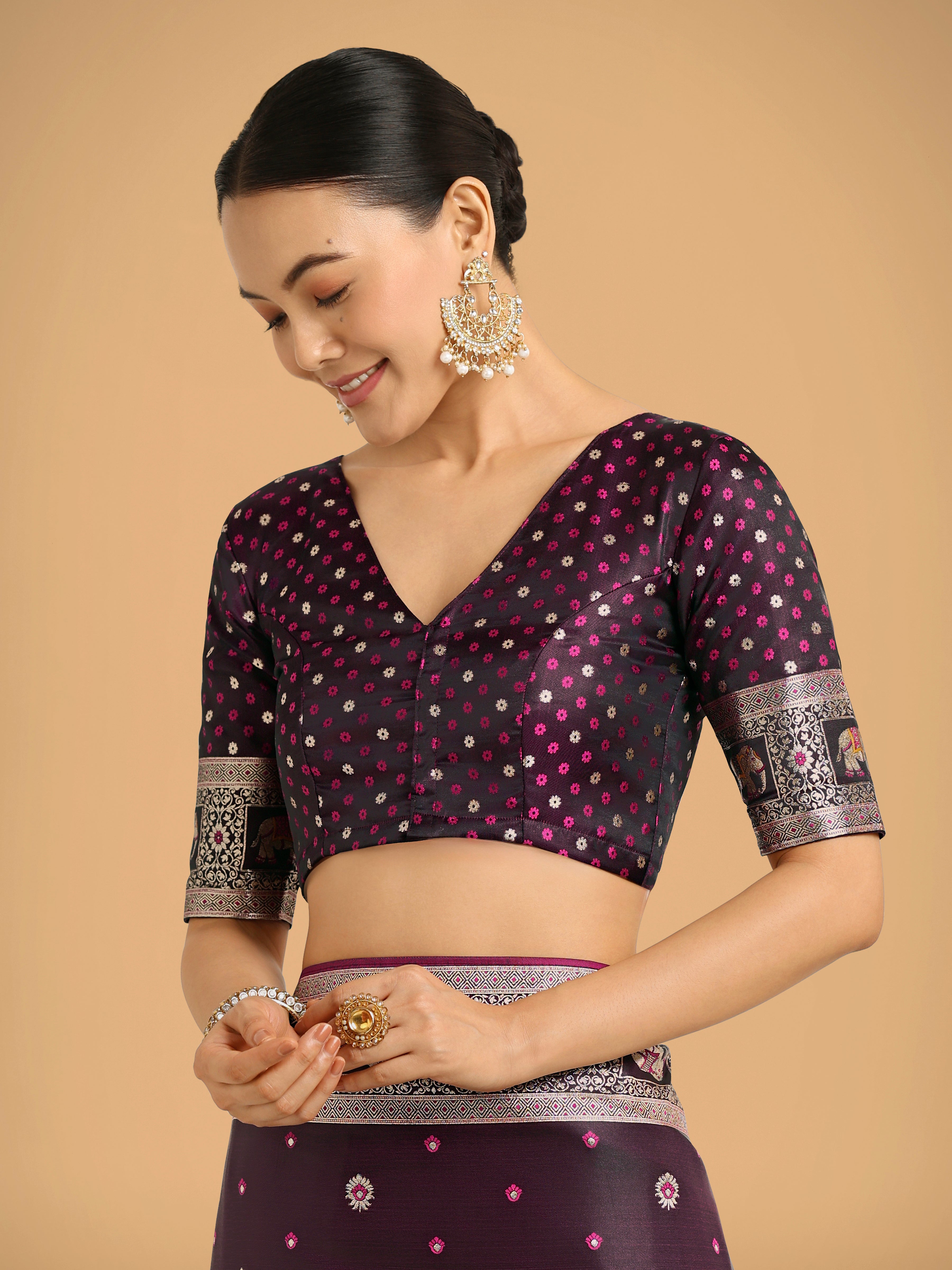 Monjolika Fashion Gorgeous Wine Woven Banarasi Designer Satin Silk Saree