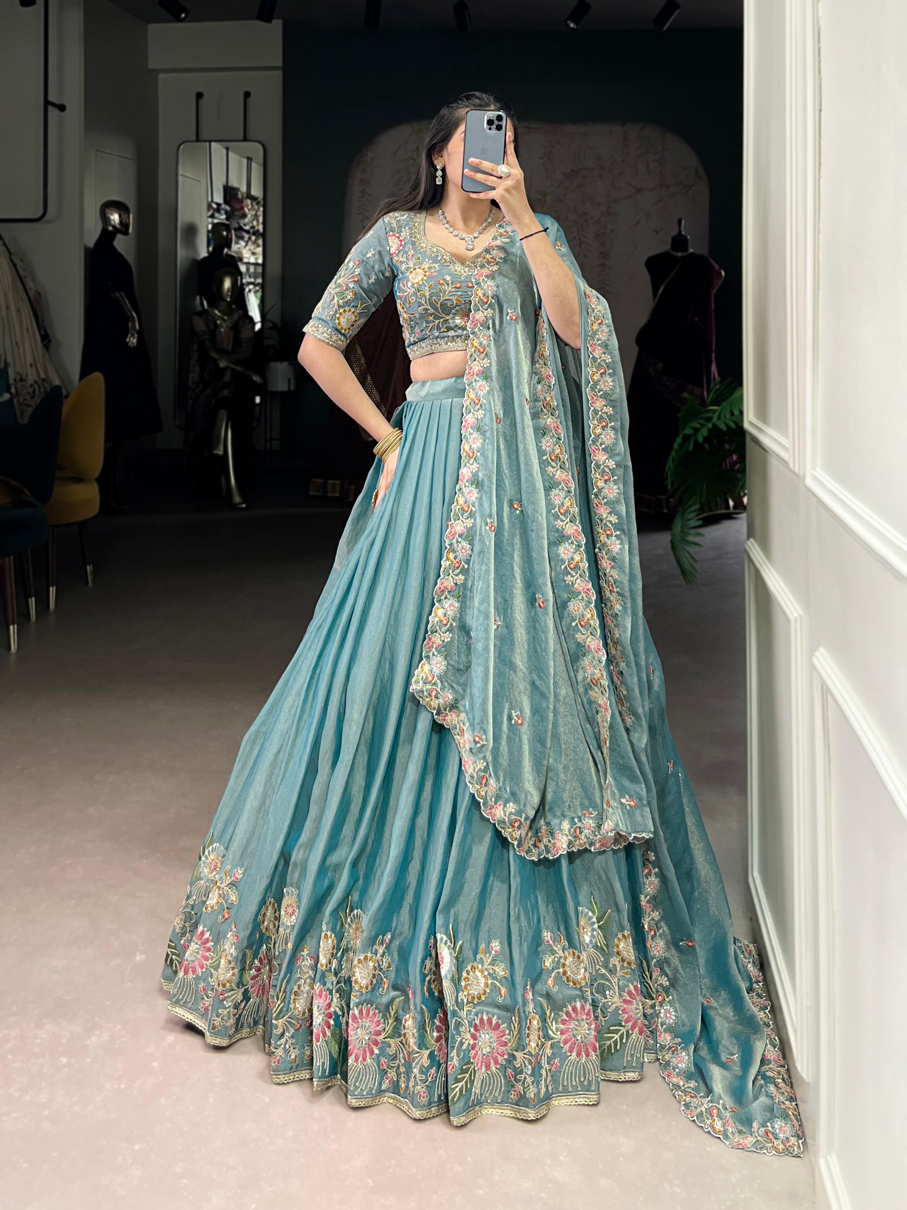 Lorenvalley Fashion Skyblue Zari Shimmer Sequins and Thread Embroidery Work Lehenga Choli with Dupatta