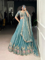 Thumbnail for Lorenvalley Fashion Skyblue Zari Shimmer Sequins and Thread Embroidery Work Lehenga Choli with Dupatta