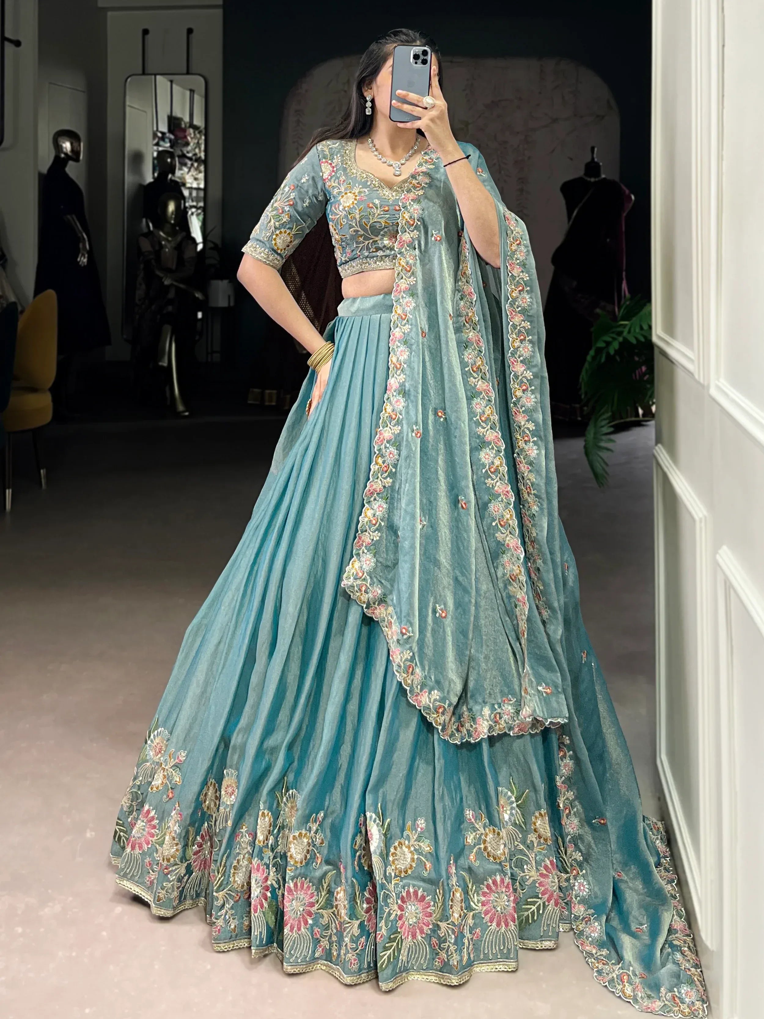Tulsi Art Beautiful Sky Blue Organza Zari Weaving Engagement Wear Lehenga Choli - Dista