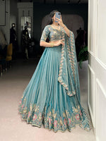 Thumbnail for Lorenvalley Fashion Skyblue Zari Shimmer Sequins and Thread Embroidery Work Lehenga Choli with Dupatta