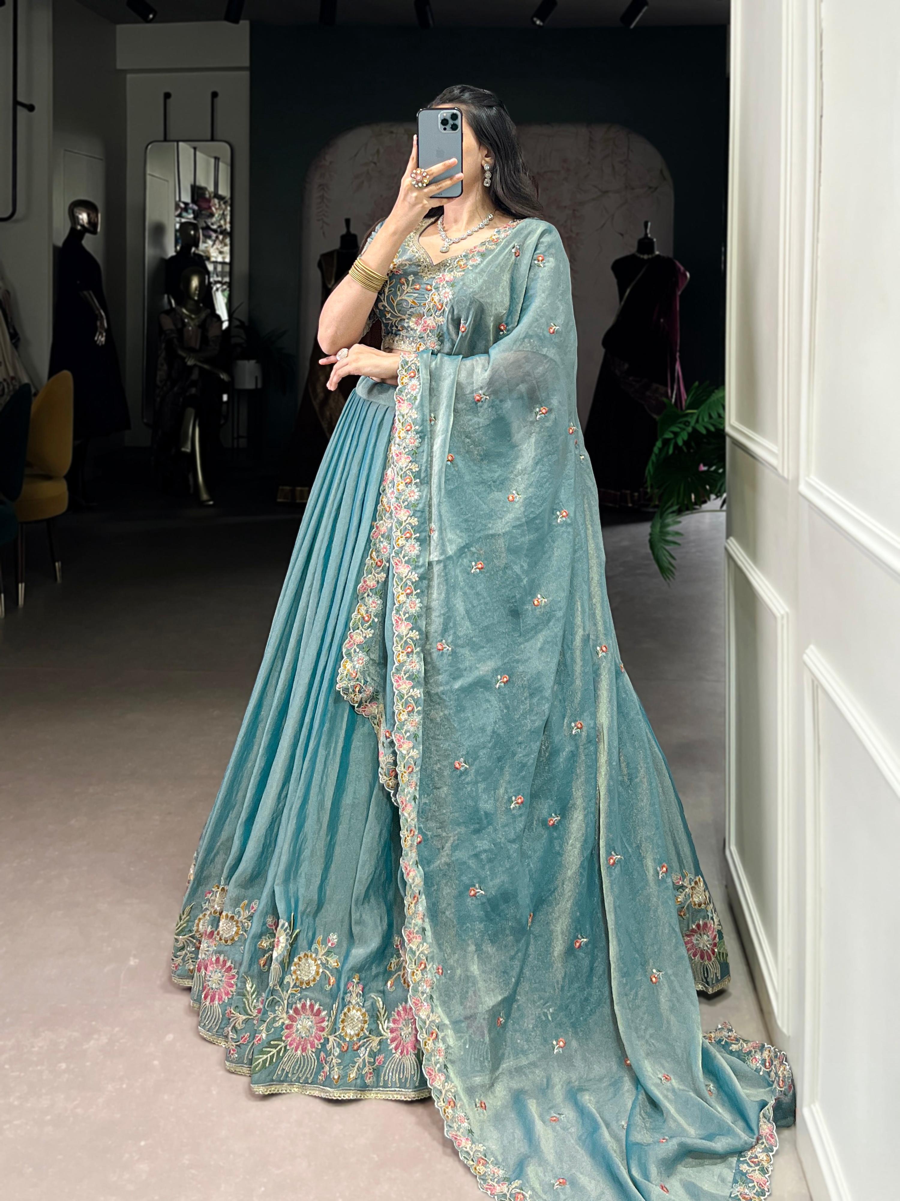 Lorenvalley Fashion Skyblue Zari Shimmer Sequins and Thread Embroidery Work Lehenga Choli with Dupatta