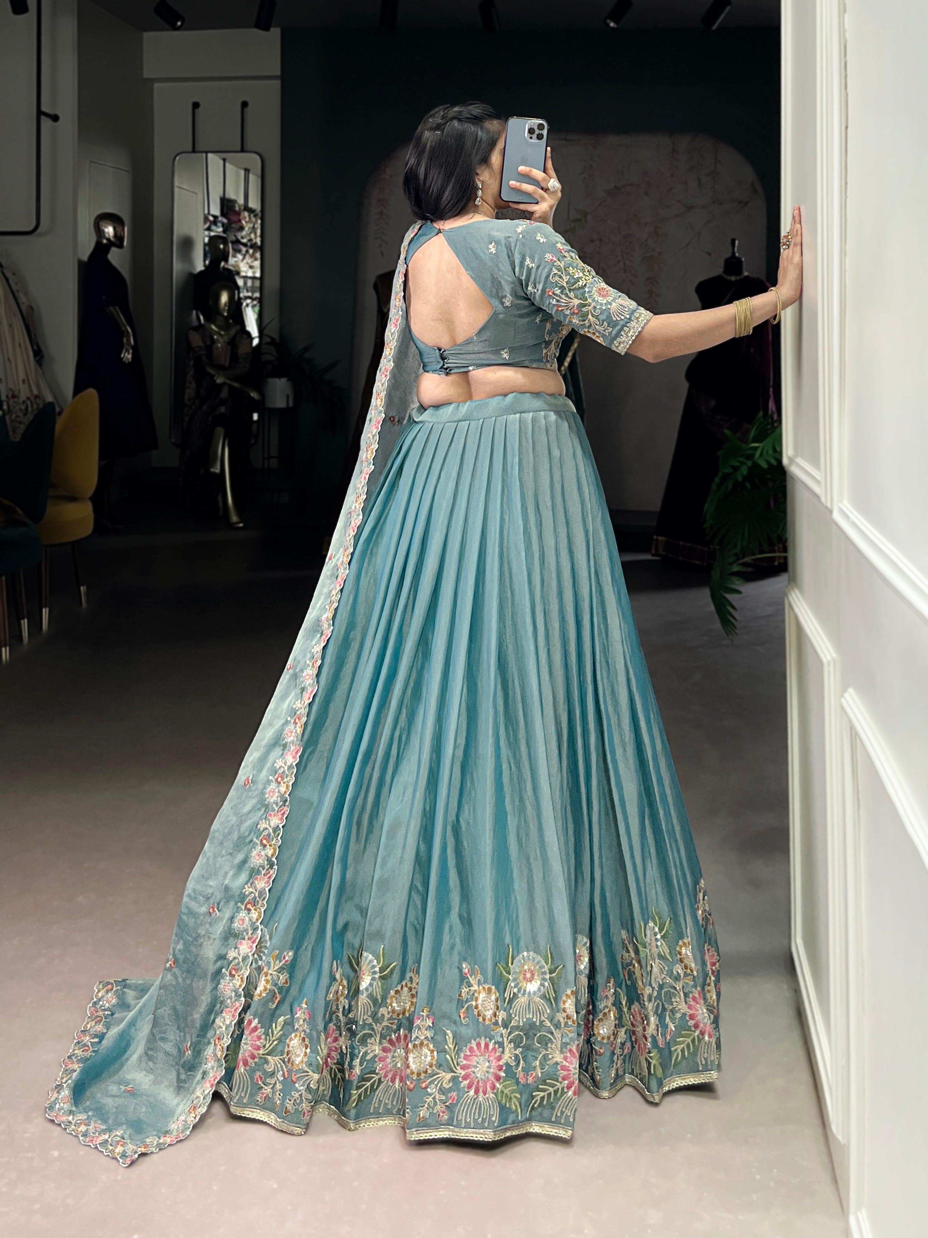 Lorenvalley Fashion Skyblue Zari Shimmer Sequins and Thread Embroidery Work Lehenga Choli with Dupatta