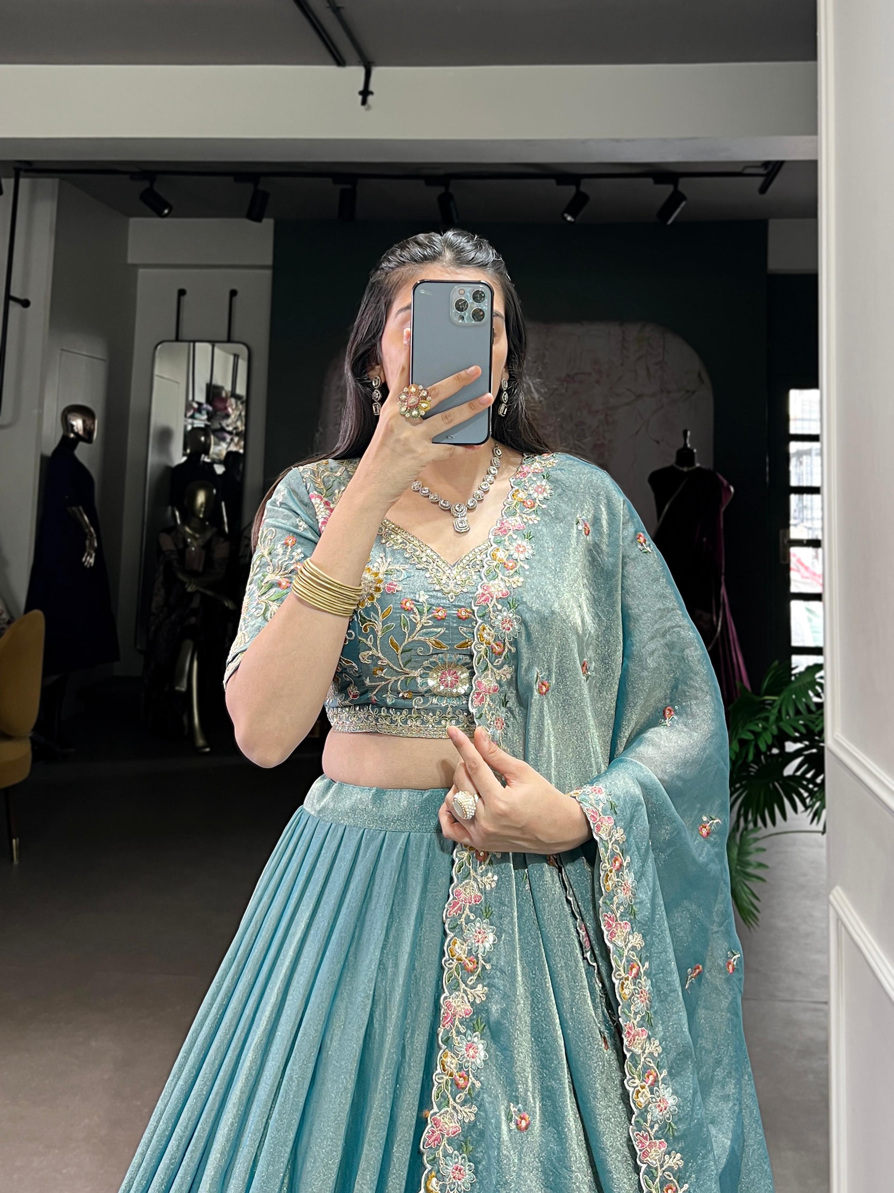 Lorenvalley Fashion Skyblue Zari Shimmer Sequins and Thread Embroidery Work Lehenga Choli with Dupatta
