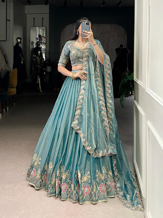 Lorenvalley Fashion Skyblue Zari Shimmer Sequins and Thread Embroidery Work Lehenga Choli with Dupatta