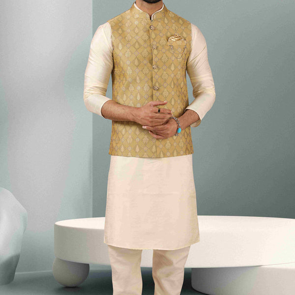 Raivat Ethnic Jacquard Banarasi Silk Woven Work 3 Pics Jacket Set In Beige Colour - Distacart