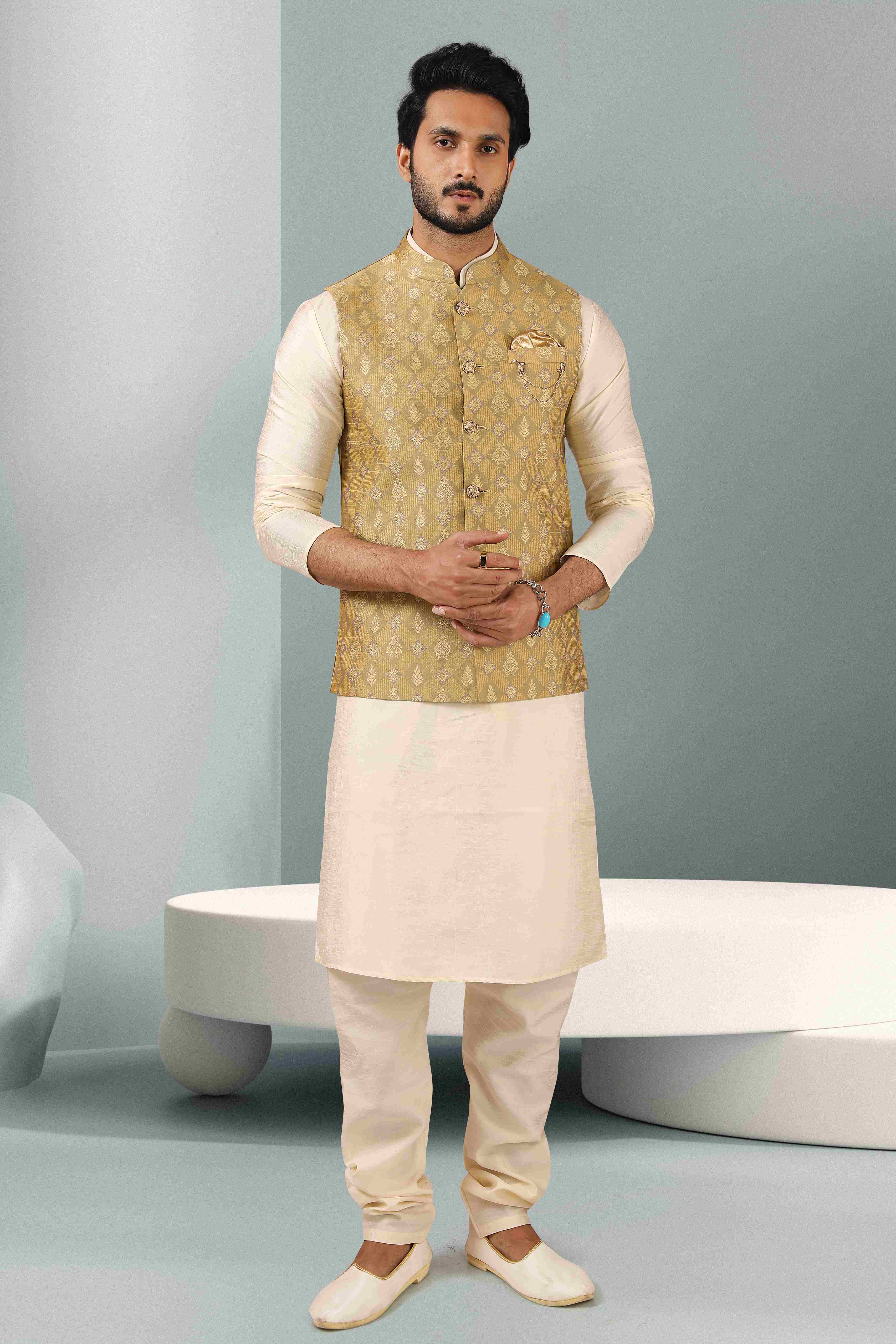 Raivat Ethnic Jacquard Banarasi Silk Woven Work 3 Pics Jacket Set In Beige Colour - Distacart