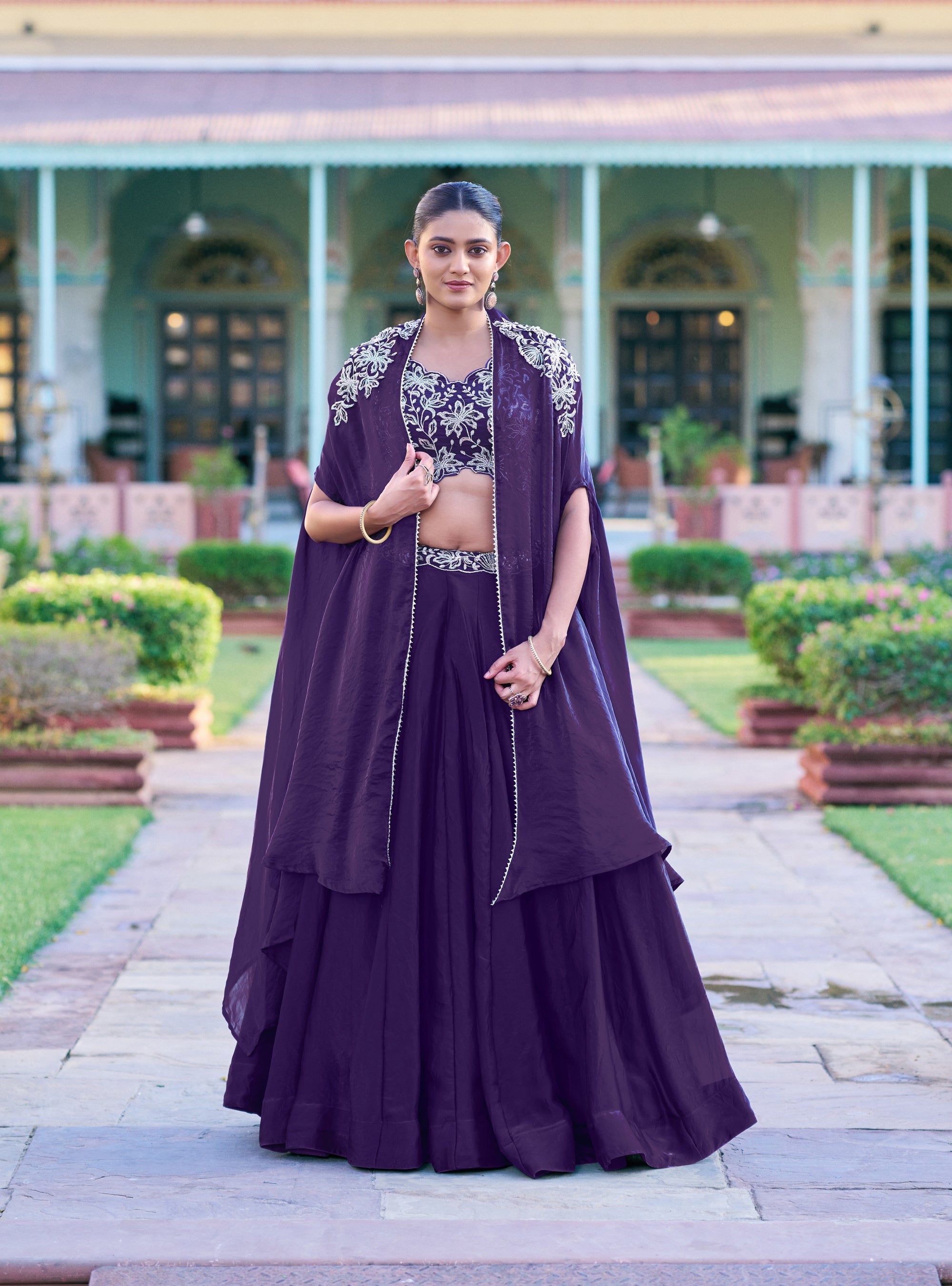 Lorenvalley Fashion Purple Fendy Silk Beads & Sequins and Thread Embroidery Work Belt Lehenga Choli with Shrug - Dista