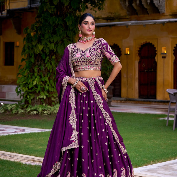 Lorenvalley Fashion Purple Rangoli Crush Sequins and Thread Embroidery Work Lehenga Choli with Dupatta