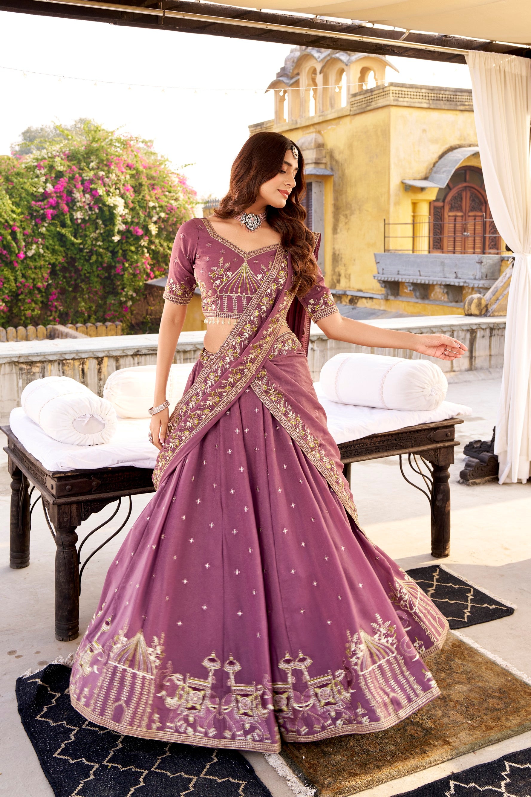 Lorenvalley Fashion Lavender Crush Silk Sequins and Thread Embroidery Work Lehenga Choli with Dupatta