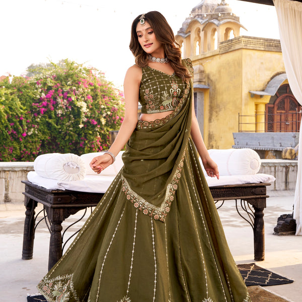 Lorenvalley Fashion Mehendi Crush Silk Sequins and Thread Embroidery Work Lehenga Choli with Dupatta