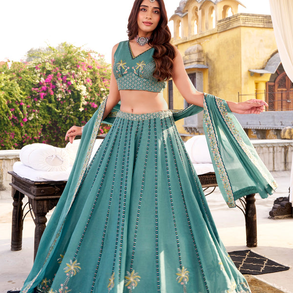 Lorenvalley Fashion Skyblue Crush Silk Sequins and Thread Embroidery Work Lehenga Choli with Dupatta