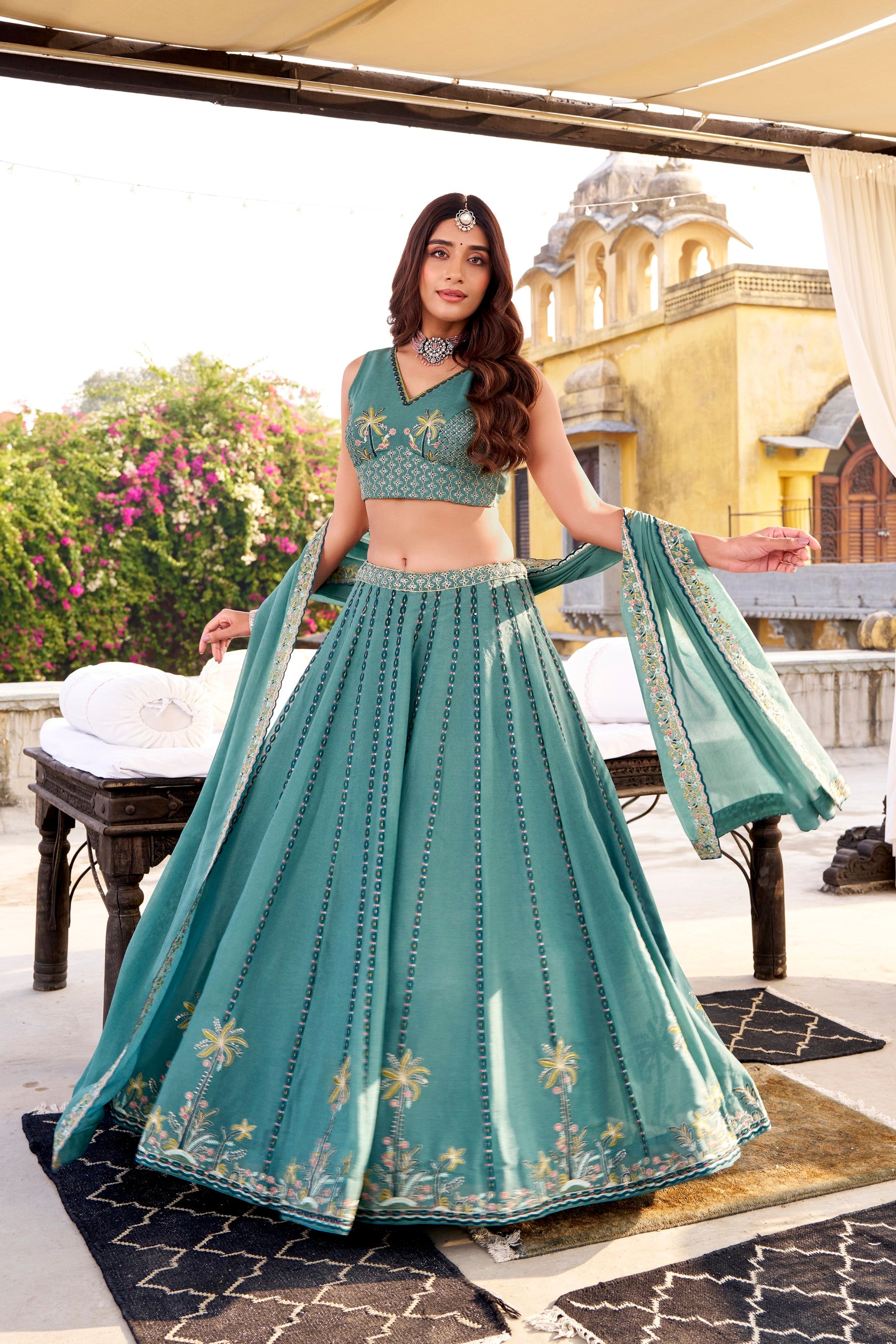 Lorenvalley Fashion Skyblue Crush Silk Sequins and Thread Embroidery Work Lehenga Choli with Dupatta - Distacart