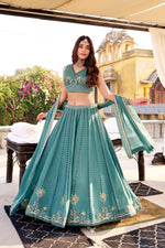 Thumbnail for Lorenvalley Fashion Skyblue Crush Silk Sequins and Thread Embroidery Work Lehenga Choli with Dupatta