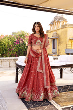 Thumbnail for Lorenvalley Fashion Rust Crush Silk Sequins and Thread Embroidery Work Lehenga Choli with Dupatta
