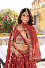 Thumbnail for Lorenvalley Fashion Rust Crush Silk Sequins and Thread Embroidery Work Lehenga Choli with Dupatta