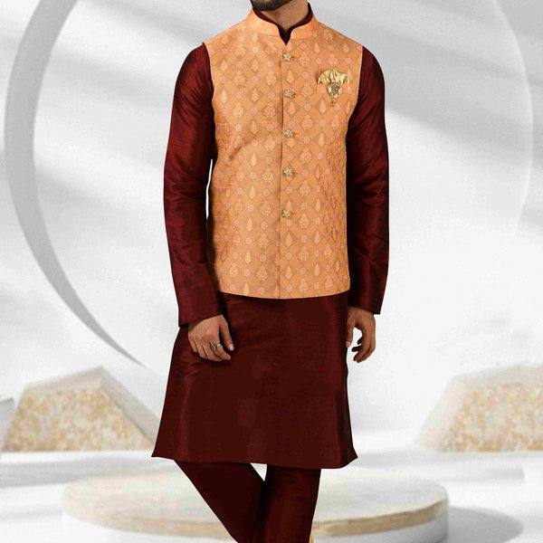 Raivat Ethnic Jacquard Banarasi Silk Woven Work 3 Pics Jacket Set In Peach Colour - Distacart