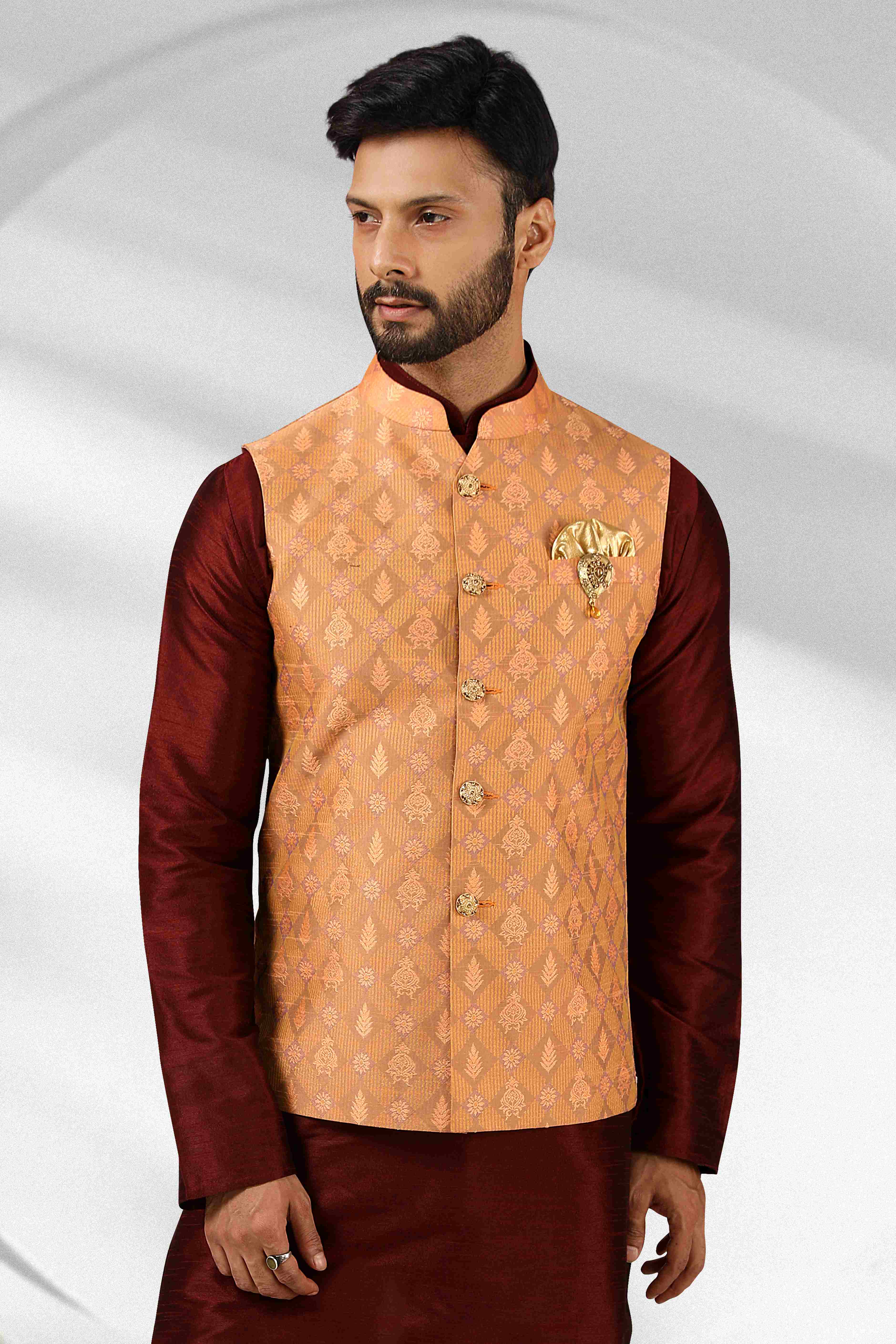 Raivat Ethnic Jacquard Banarasi Silk Woven Work 3 Pics Jacket Set In Peach Colour - Distacart