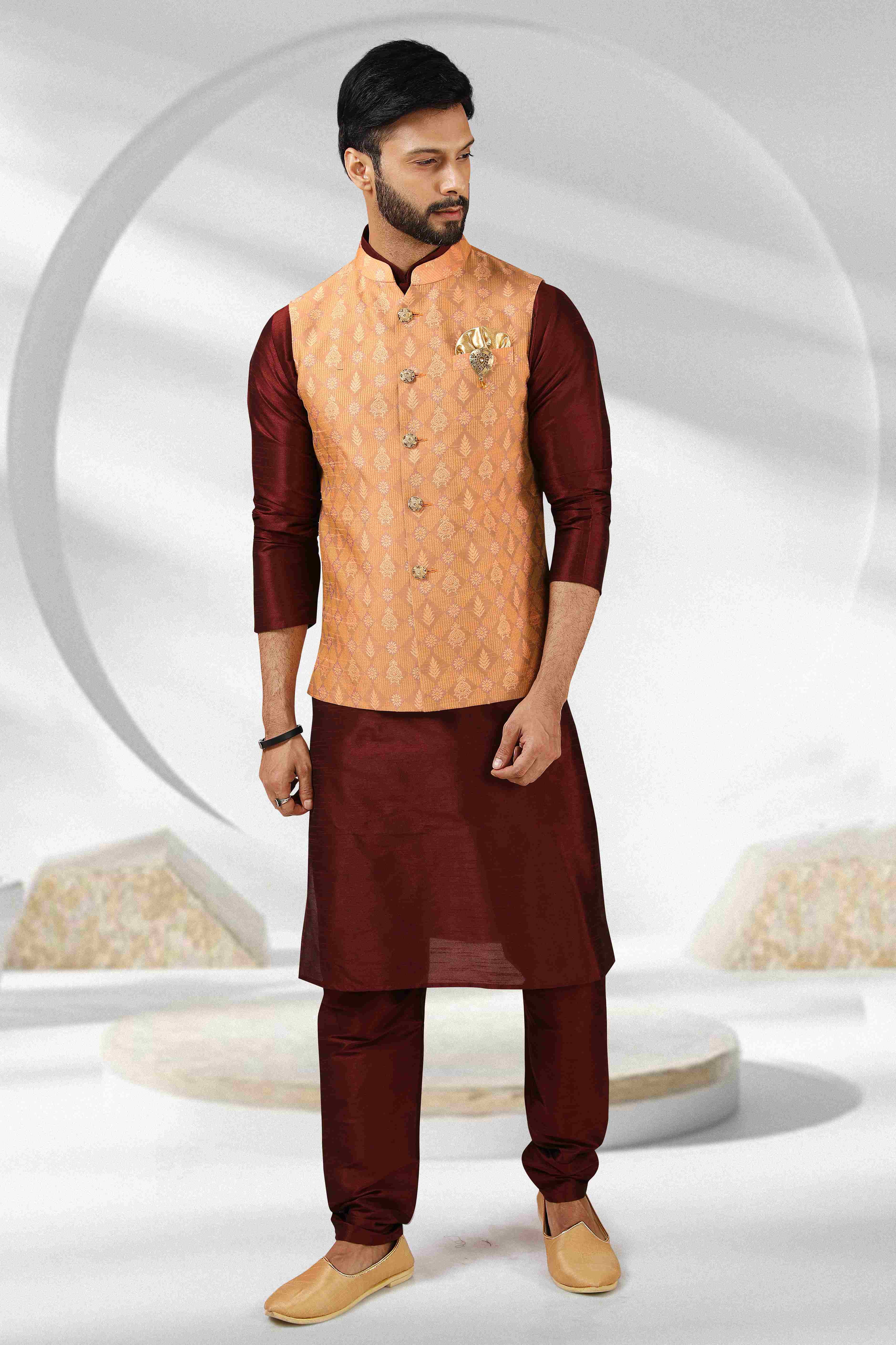 Raivat Ethnic Jacquard Banarasi Silk Woven Work 3 Pics Jacket Set In Peach Colour - Distacart