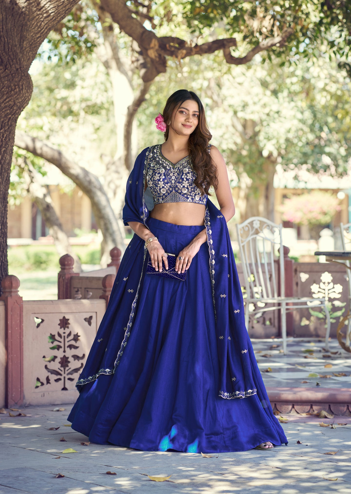 Lorenvalley Fashion Royalblue P.C.Kashmiri Plain Lehenga Choli With Dupatta - Dista