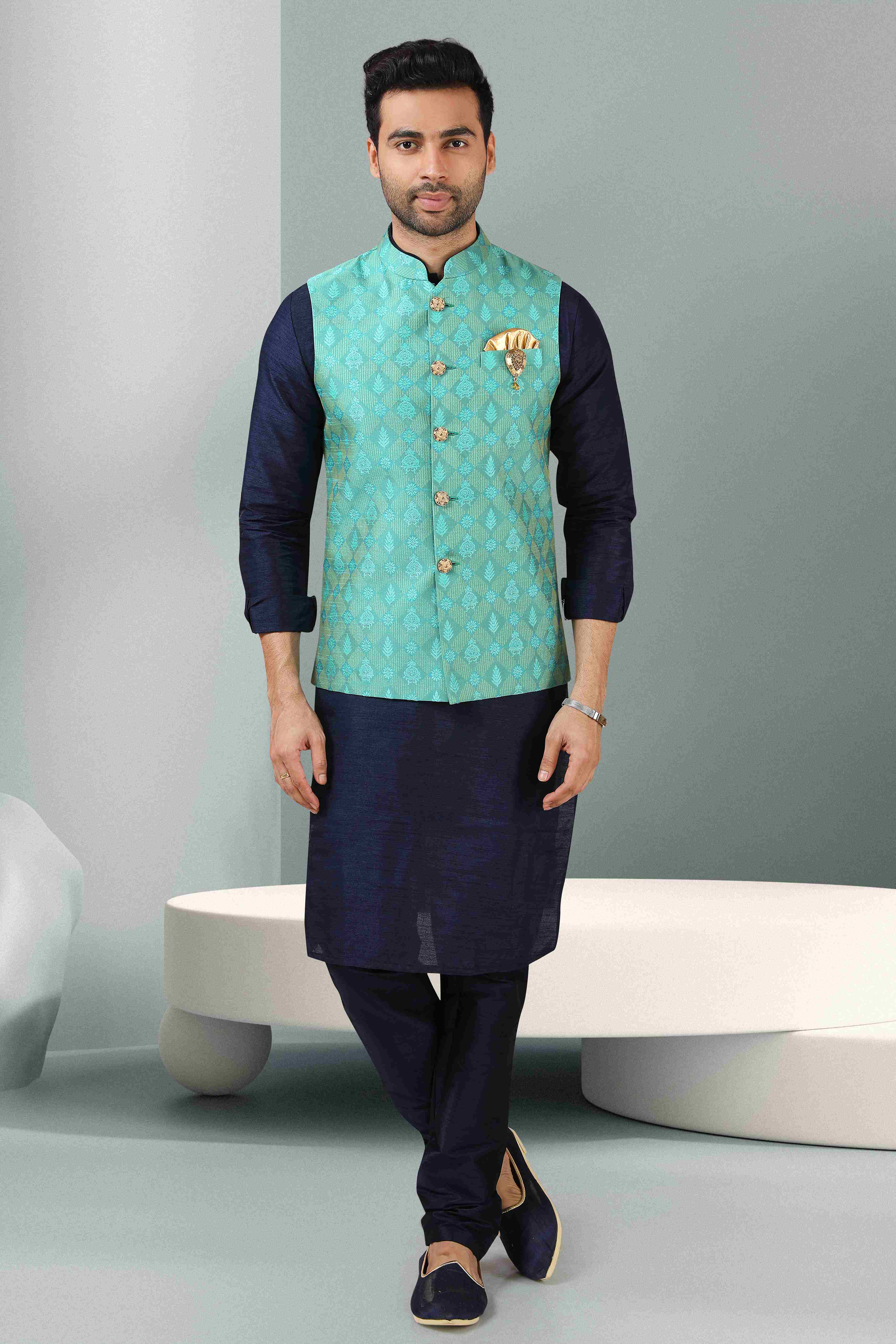 Raivat Ethnic Jacquard Banarasi Silk Woven Work 3 Pics Jacket Set In Sea Green Colour - Distacart