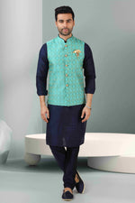 Thumbnail for Raivat Ethnic Jacquard Banarasi Silk Woven Work 3 Pics Jacket Set In Sea Green Colour - Distacart