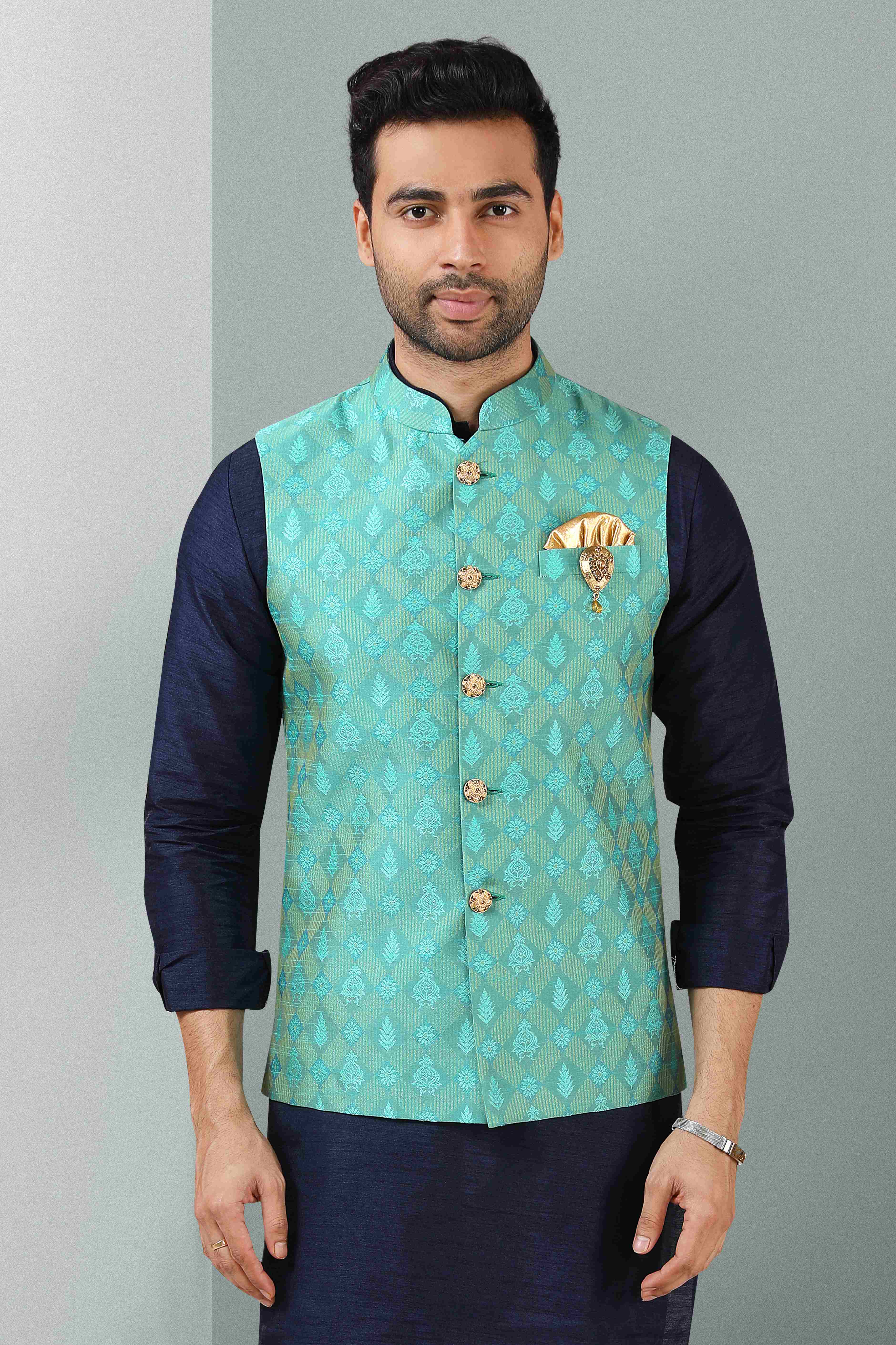 Raivat Ethnic Jacquard Banarasi Silk Woven Work 3 Pics Jacket Set In Sea Green Colour - Distacart