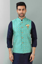 Thumbnail for Raivat Ethnic Jacquard Banarasi Silk Woven Work 3 Pics Jacket Set In Sea Green Colour - Distacart