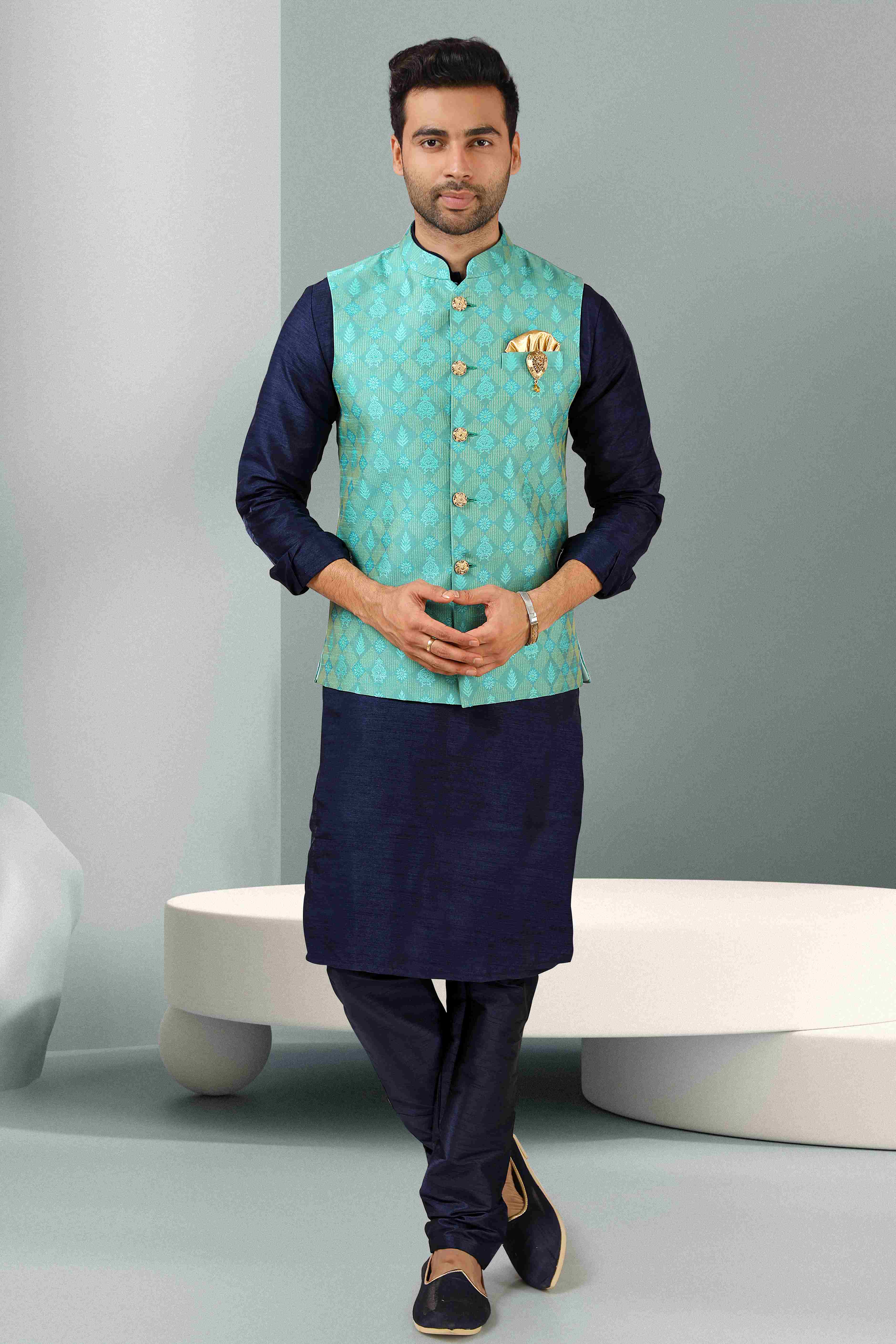 Raivat Ethnic Jacquard Banarasi Silk Woven Work 3 Pics Jacket Set In Sea Green Colour - Distacart