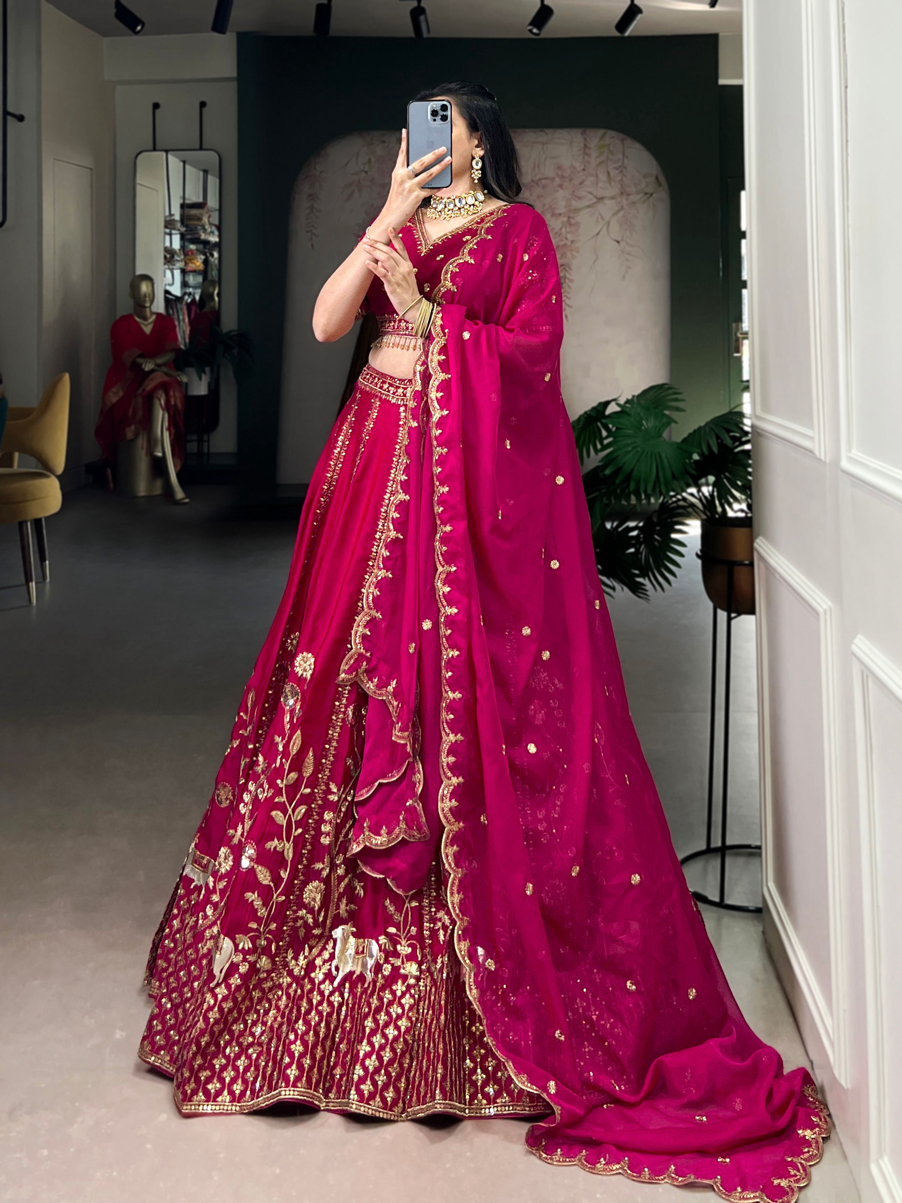 Lorenvalley Fashion Ranipink Natural Silk Sequins and Thread Embroidery Work Lehenga Choli with Dupatta