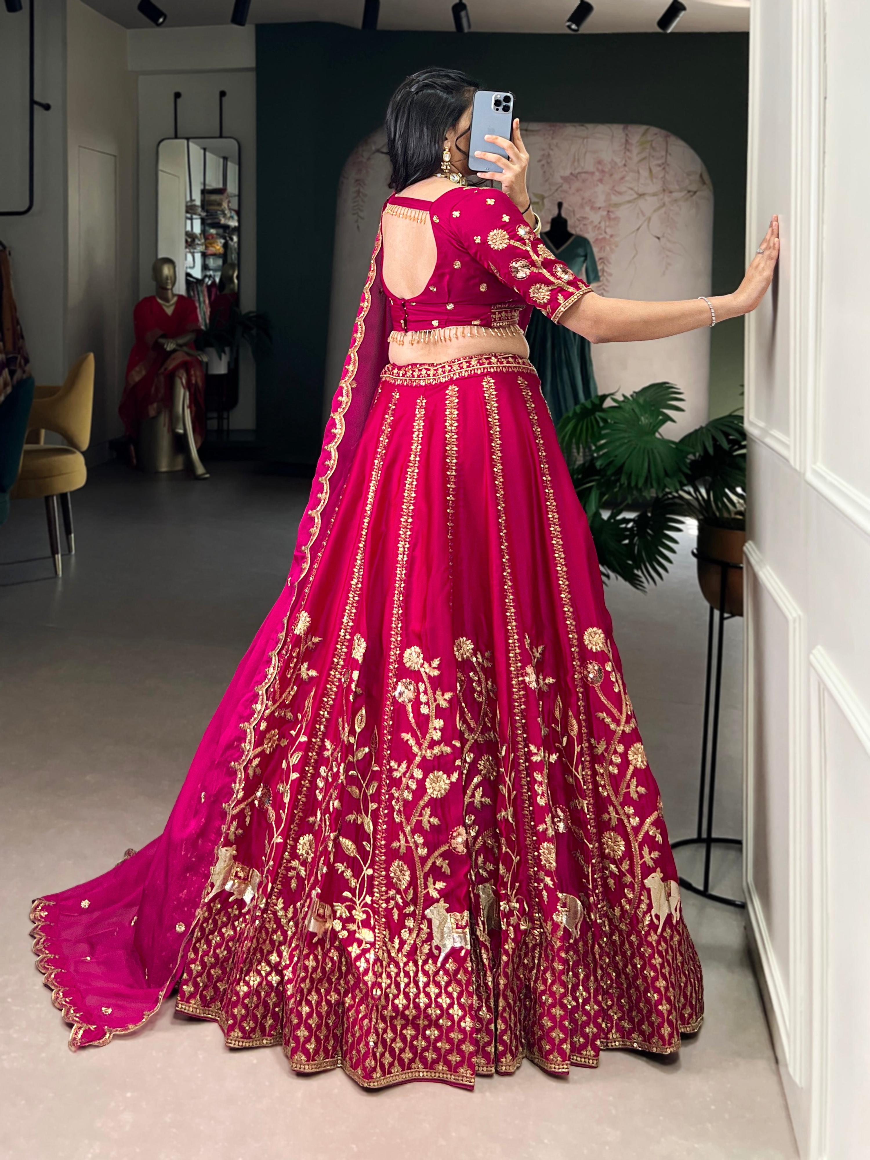 Lorenvalley Fashion Ranipink Natural Silk Sequins and Thread Embroidery Work Lehenga Choli with Dupatta