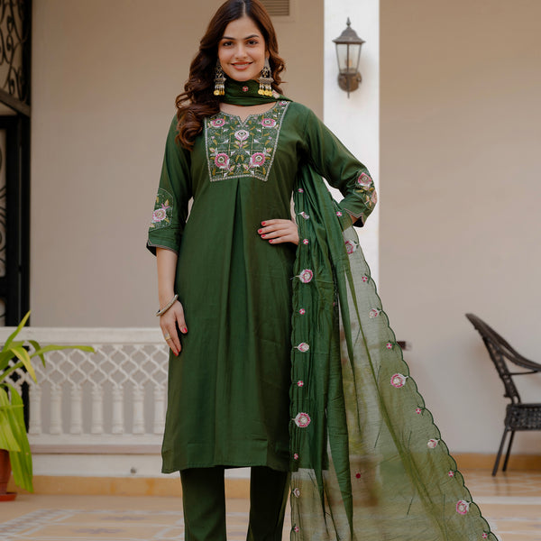 Lorenvalley Fashion Green Viscose Mango Silk Multi Embroidery Sequins With Hand Work Kurta Pant Dupatta - Distacart