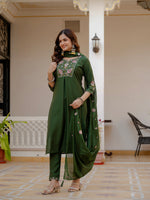 Thumbnail for Lorenvalley Fashion Green Viscose Mango Silk Multi Embroidery Sequins With Hand Work Kurta Pant Dupatta - Distacart