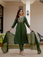 Thumbnail for Lorenvalley Fashion Green Viscose Mango Silk Multi Embroidery Sequins With Hand Work Kurta Pant Dupatta - Distacart