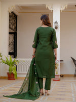 Thumbnail for Lorenvalley Fashion Green Viscose Mango Silk Multi Embroidery Sequins With Hand Work Kurta Pant Dupatta - Distacart