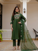 Thumbnail for Lorenvalley Fashion Green Viscose Mango Silk Multi Embroidery Sequins With Hand Work Kurta Pant Dupatta - Distacart