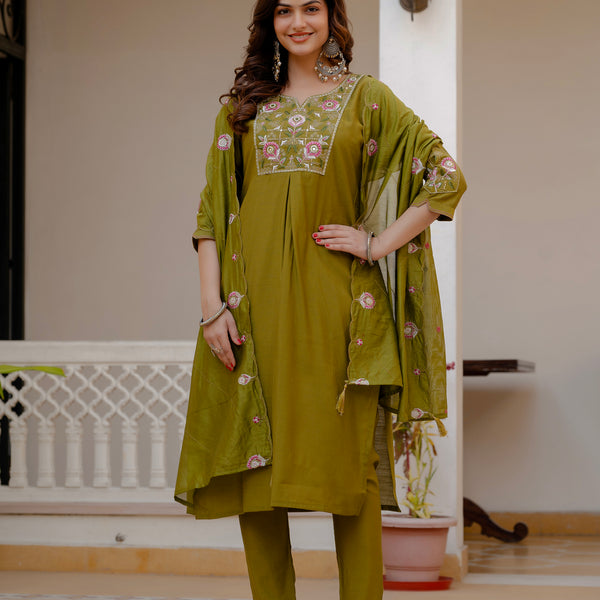 Lorenvalley Fashion Mehendi Viscose Mango Silk Multi Embroidery Sequins With Hand Work Kurta Pant Dupatta - Distacart