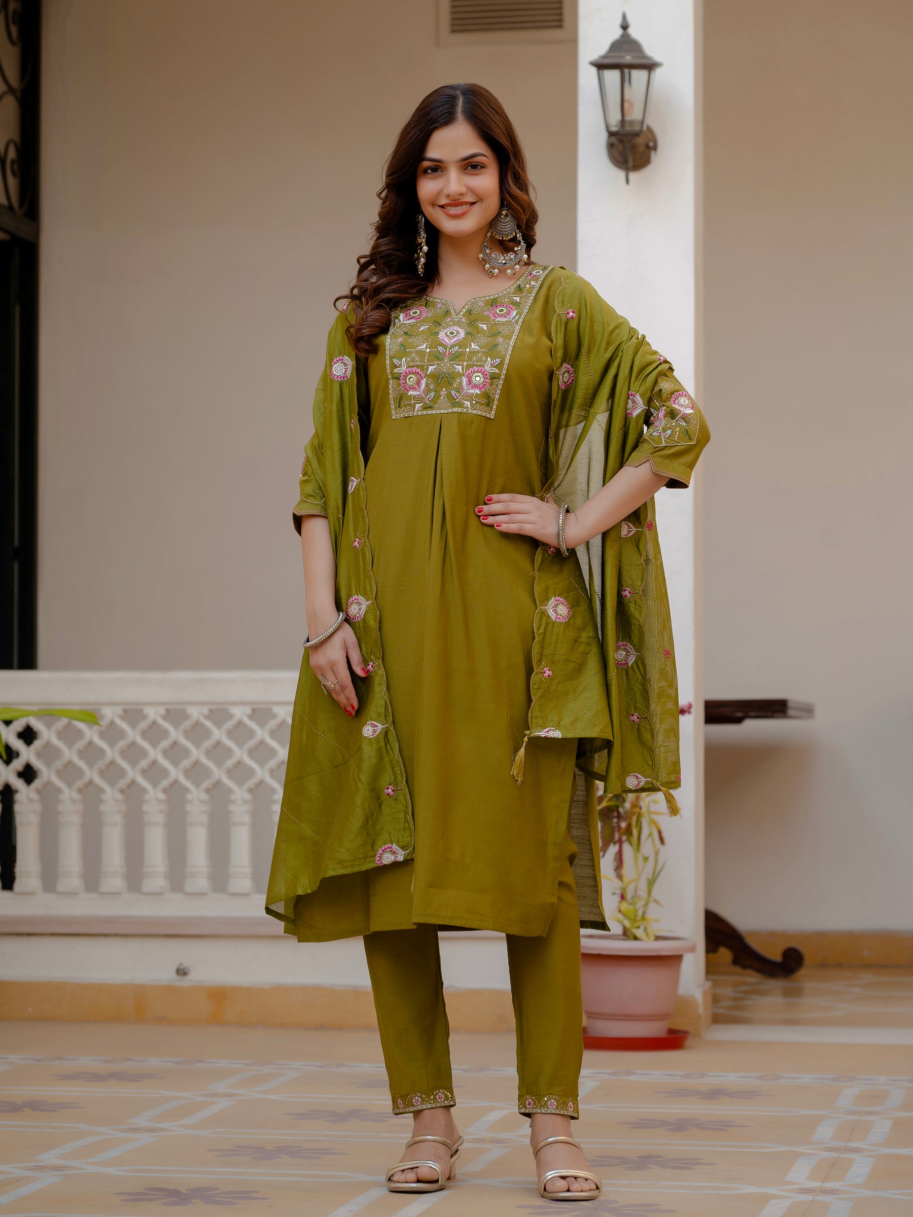 Lorenvalley Fashion Mehendi Viscose Mango Silk Multi Embroidery Sequins With Hand Work Kurta Pant Dupatta - Distacart