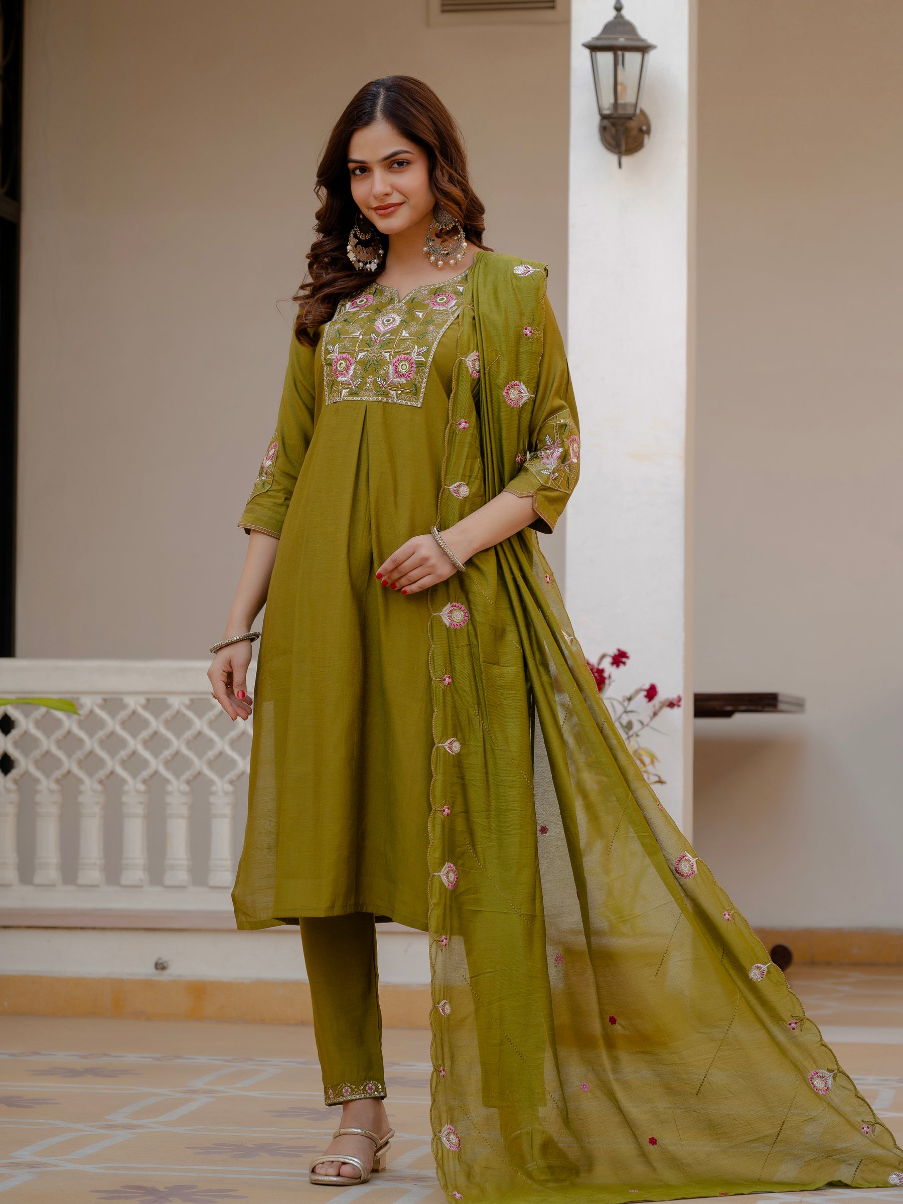 Lorenvalley Fashion Mehendi Viscose Mango Silk Multi Embroidery Sequins With Hand Work Kurta Pant Dupatta - Distacart