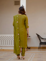 Thumbnail for Lorenvalley Fashion Mehendi Viscose Mango Silk Multi Embroidery Sequins With Hand Work Kurta Pant Dupatta - Distacart