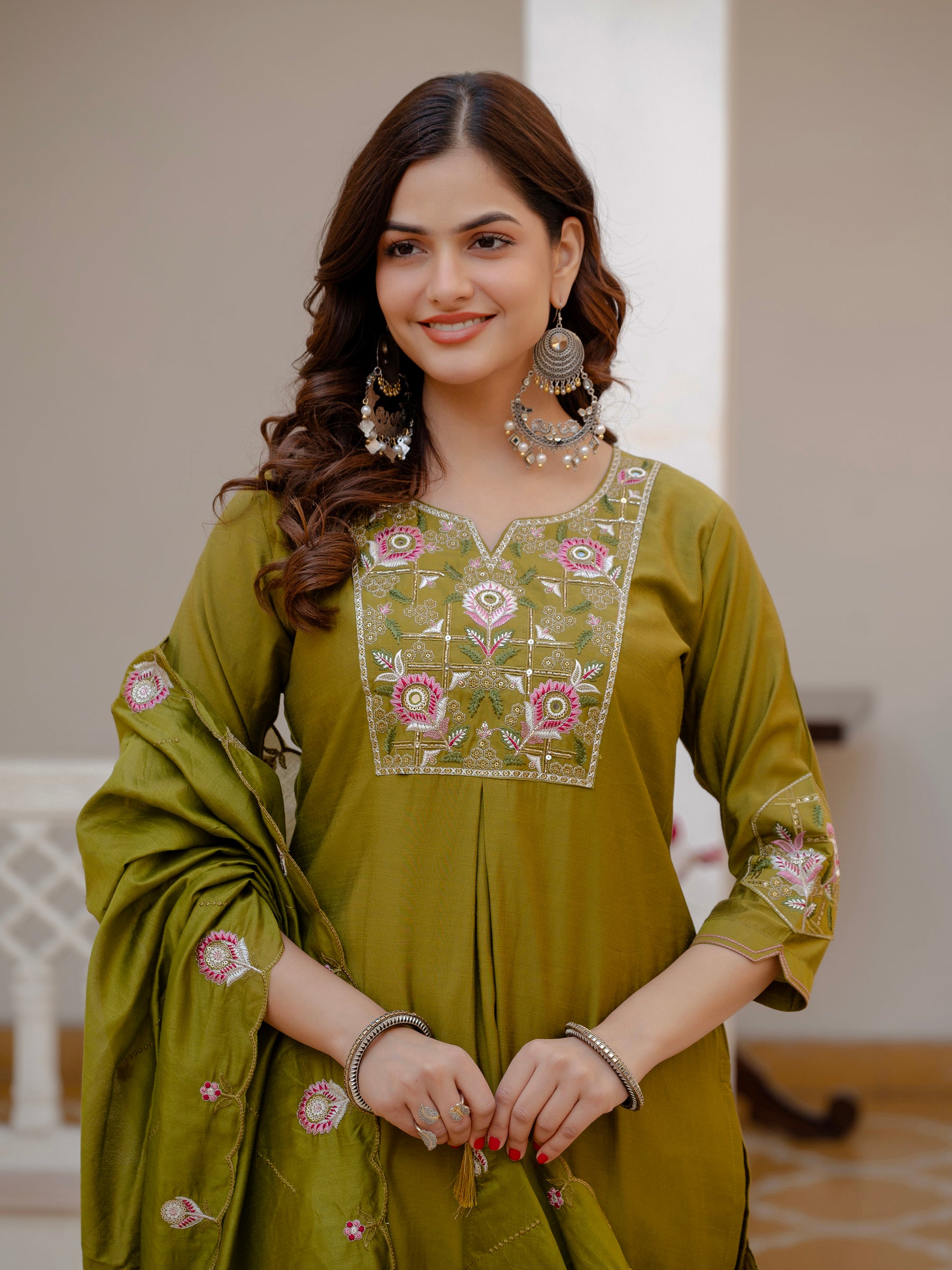 Lorenvalley Fashion Mehendi Viscose Mango Silk Multi Embroidery Sequins With Hand Work Kurta Pant Dupatta - Distacart