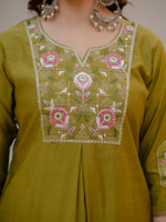 Thumbnail for Lorenvalley Fashion Mehendi Viscose Mango Silk Multi Embroidery Sequins With Hand Work Kurta Pant Dupatta - Distacart